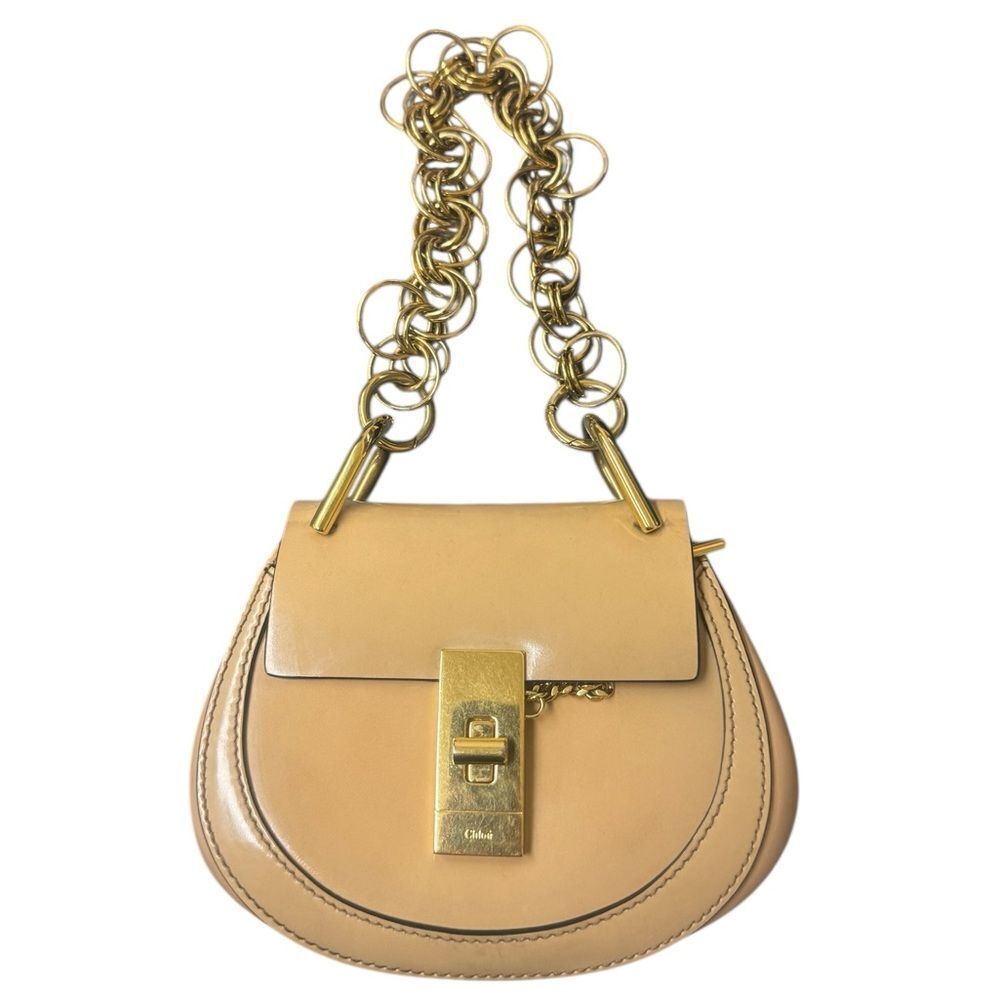 CHLOE Tan Patent Leather Mini Drew Bijou Shoulder Bag Chainlink Strap Baguette